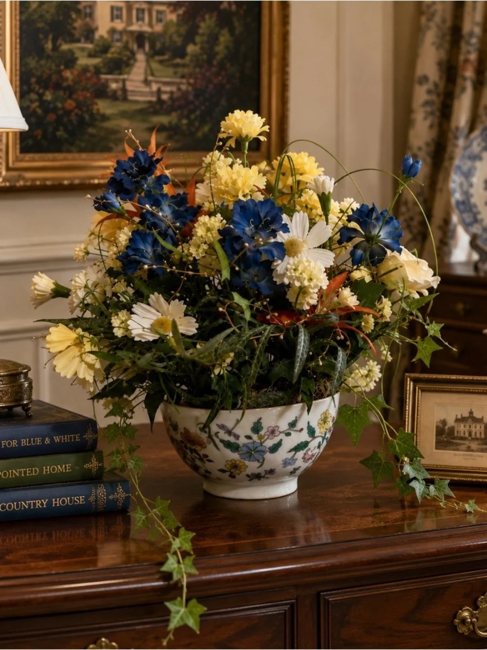 Grandmillennial Floral Arrangement in Decorative Porcelain Bowl English Country